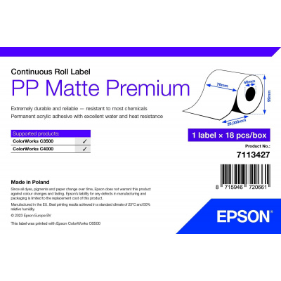 Epson 7113427 PP Matte, pentru ColorWorks, 76mmx29m, polipropilenă, alb etichete autoadezive