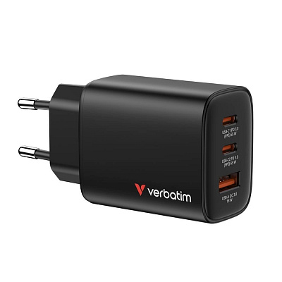 Încărcător VERBATIM GaN Essentials 65W, 2xUSB-C, 1xUSB-A, negru