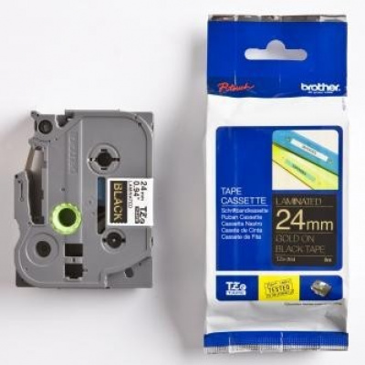 Brother TZ-354 / TZe-354, 24mm x 8m, text auriu / fundal negru, banda original