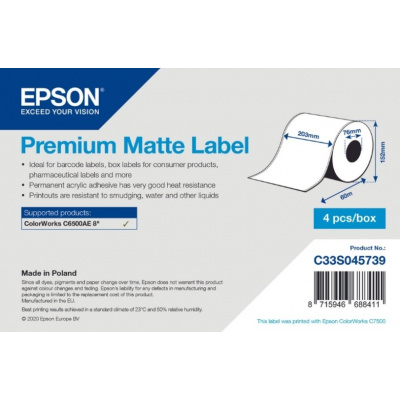Epson C33S045739 Premium Matte, pentru ColorWorks, 203mmx60m, alb etichete autoadezive