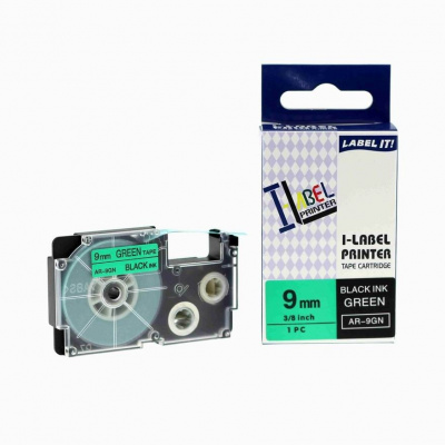 Banda compatibila Casio XR-9GN1, 9mm x 8m text negru / fundal verde