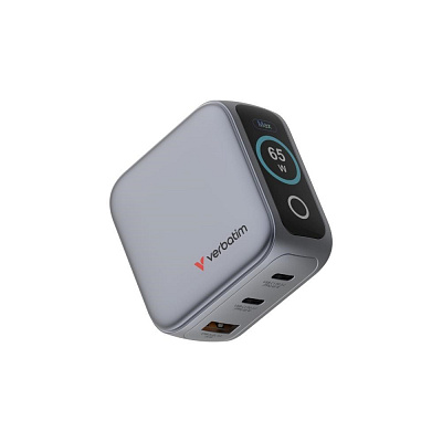 Încărcător Mini GaN VERBATIM cu afișaj 65W, 2xUSB-C, 1xUSB-A, gri