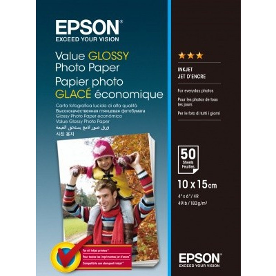 Epson Value Glossy Photo Paper C13S400038, 183 g/m2, 10x15cm, 50buc., lucios, alb, hârtie fotografică