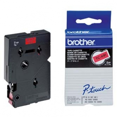 Brother TC-491, 9mm x 7,7m, text negru / fundal rosu, banda original