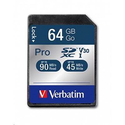 Card SDXC VERBATIM 64GB Pro, U3, V30 (R:90/W:45 MB/s)