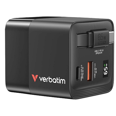 Încărcător de rețea VERBATIM GaN, Cu cablu, USB-C, USB-A, negru