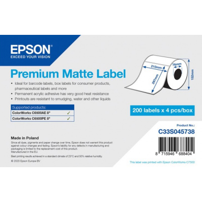 Epson C33S045738 Premium Matte, pentru ColorWorks, 210x297mm, 200buc., alb etichete autoadezive