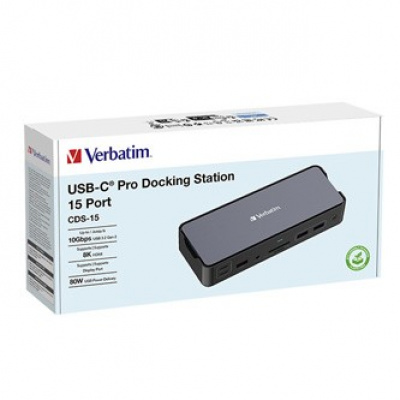 Verbatim 32171 stație de andocare, USB-C Pro, 15-port, 2x HDMI, RJ45, microSD, 2x USB-A 3.0, USB-C PD, gri