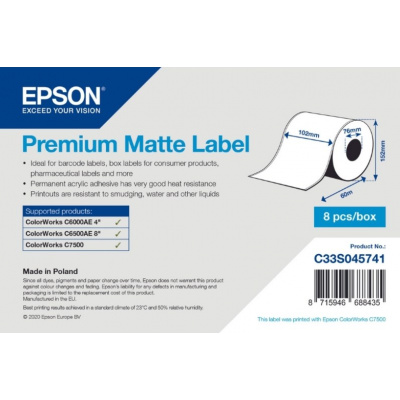 Epson C33S045741 Premium Matte, pentru ColorWorks, 102mmx60m, alb etichete autoadezive