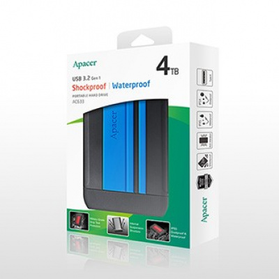 Apacer Hard disk extern, AC633, 2.5", USB 3.0 (3.2 Gen 1), 4TB, AP4TBAC633U-1, albastru, roșurezistent la șocuri, rezistent la praf și apă