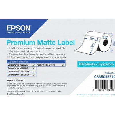 Epson C33S045740 Premium Matte, pentru ColorWorks, 105x210mm, 282buc., alb etichete autoadezive