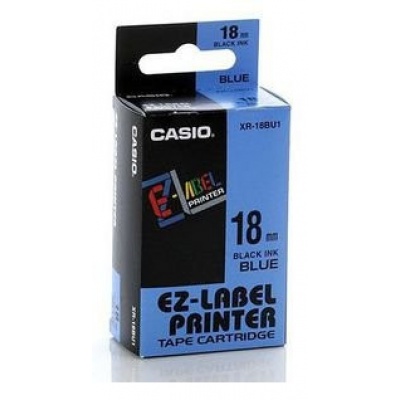 Casio XR-18BU1, 18mm x 8m, text negru / fundal albastru, banda originala