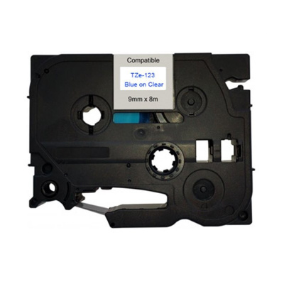 Banda compatibila Brother TZ-123 / TZe-123, 9mm x 8m, text albastru / fundal transparent