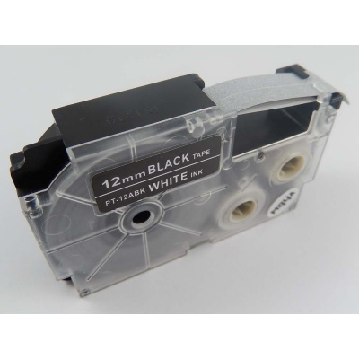 Banda compatibila Casio XR-12ABK, 12mm x 8m text alb / fundal negru