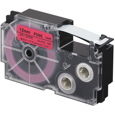 Casio XR-12FPK , 12mm x 8m, text negru / semnal fundal roz, banda compatibila