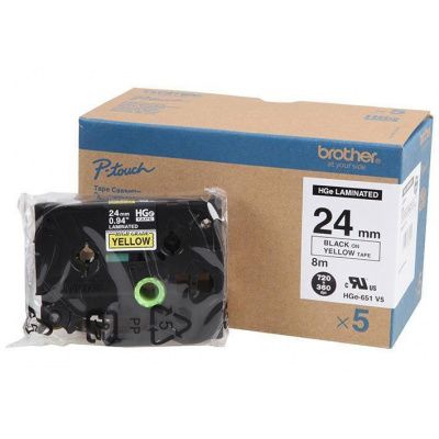 Brother HGe-651, 24mm x 8m, 5buc., text negru / fundal galben, banda originala