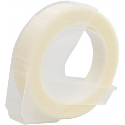 Dymo Omega, 9mm x 3m, text alb / fundal transparent, banda compatibila