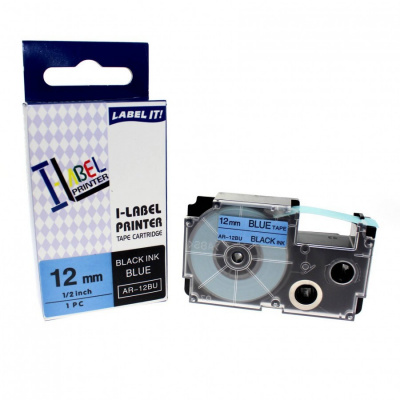 Banda compatibila Casio XR-12BU1, 12mm x 8m text negru / fundal albastru
