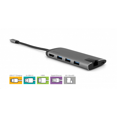 Stație de andocare USB-C 7 în 1, 1xHDMI, 1xUSB-C, 3xUSB, 1xRJ45, cititor de carduri SD, gri