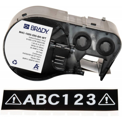 Brady M4C-1000-595-BK-WT / 170841, 25.40 mm x 7.62 m, Vinil, text alb / fundal negru