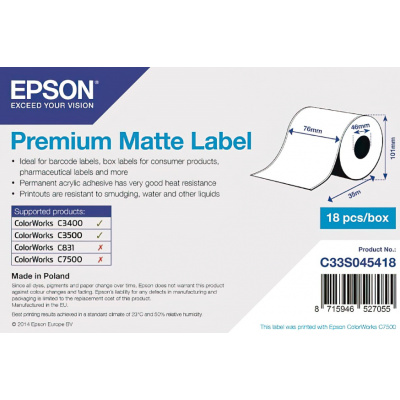 Epson C33S045418 Premium Matte, pentru ColorWorks, 76mmx35m, alb etichete autoadezive