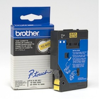 Brother TC-601, 12mm x 7,7m, text negru / fundal galben, banda original