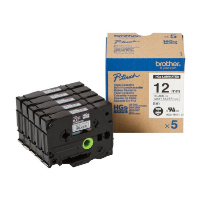 Brother HGE-M931V5, 12mm x 8m, text negru / fundal argintiu, banda original, 5buc.