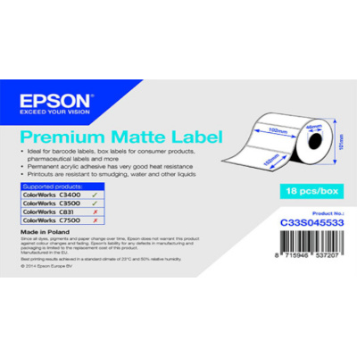 Epson C33S045533 Premium Matte, pentru ColorWorks, 102x152mm, 225buc., alb etichete autoadezive