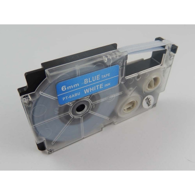 Banda compatibila Casio XR-6ABU 6mm x 8m text alb / fundal albastru