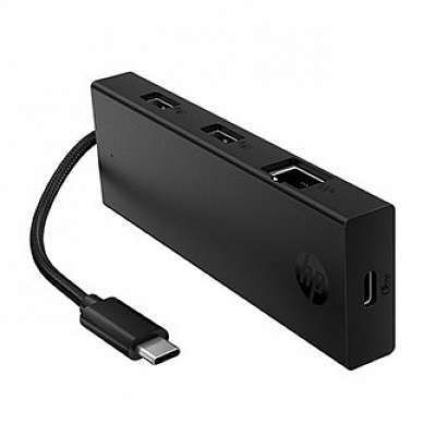 Hub multiplu HP USB-C cu 4 porturi, B8SU8UT, negru, lungime cablu 15 cm, 1 USB Type-C, 2 USB Type-A, 1 RJ-45