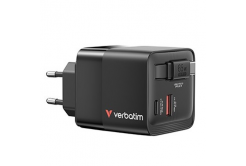 Verbatim GaN 32217, încărcător de rețea de călătorie, USB 3.0, USB C, gri, 65 W, furci interschimbabile C,G,A cu cablu integrat