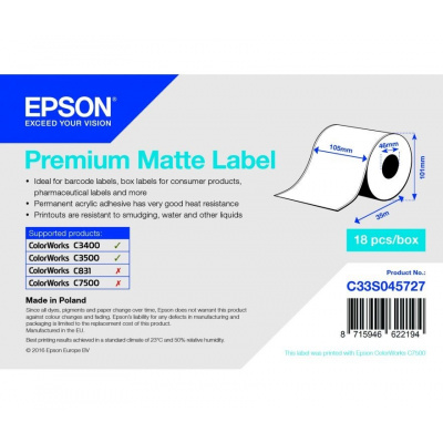 Epson C33S045727 Premium Matte, pentru ColorWorks, 105mmx35m, alb etichete autoadezive