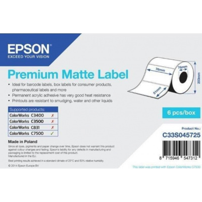 Epson C33S045725 Premium Matte, pentru ColorWorks, 76x51mm, 2310buc., alb etichete autoadezive
