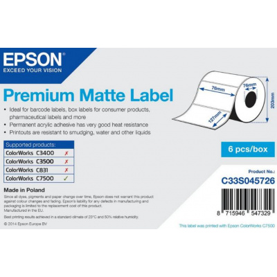 Epson C33S045726 Premium Matte, pentru ColorWorks, 76x127mm, 960buc., alb etichete autoadezive