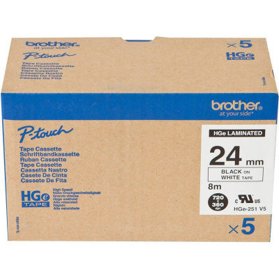 Brother HGe-251, 24mm x 8m, 5 buc., text negru / fundal alb, banda original