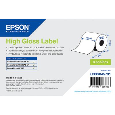 Epson C33S045731 High Gloss, pentru ColorWorks, 102mmx57m, alb etichete autoadezive