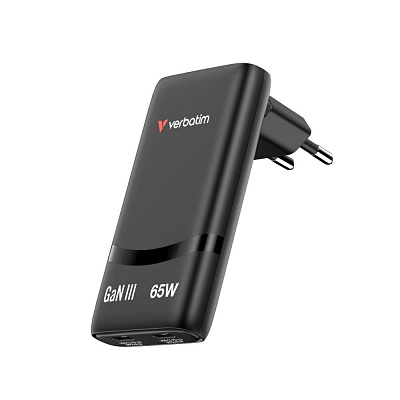 Încărcător VERBATIM GaN Fold 'n' Go 65W, 2xUSB-C, negru