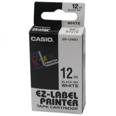 Casio XR-12WE1, 12mm x 8m, text negru / fundal alb, banda originală