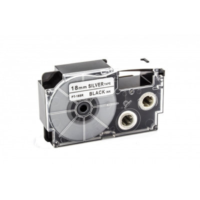 Banda compatibila Casio XR-18SR1 18mm x 8m text negru / fundal argintiu