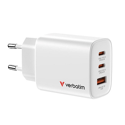 Încărcător VERBATIM GaN Essentials 65W, 2xUSB-C, 1xUSB-A, alb
