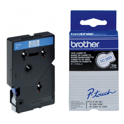 Brother TC-203, 12mm x 7,7m, text albastru / fundal alb, banda original