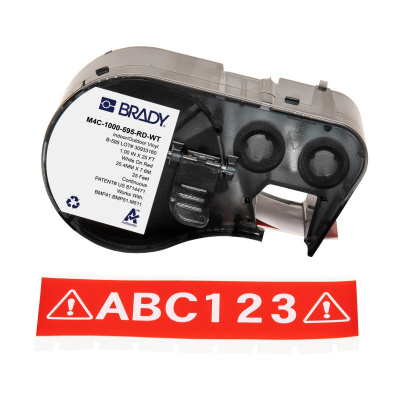 Brady M4C-1000-595-RD-WT / 170837, 25.40 mm x 7.62 m, Vinil, text alb / fundal rosu