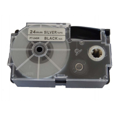 Banda compatibila Casio XR-24SR1 24mm x 8m text negru / fundal argintiu