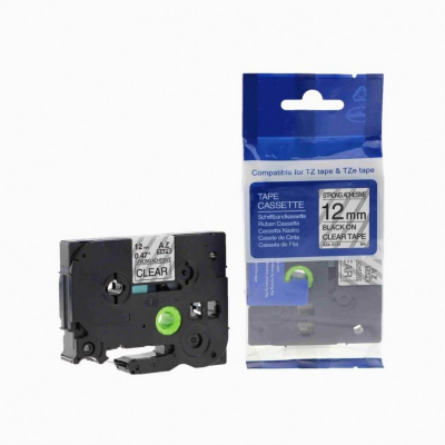 Banda compatibila Brother TZ-S131 / TZe-S131 12mm x 8m puternic adeziva, text negru / fundal transparent