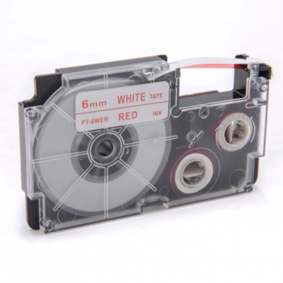 Banda compatibila Casio XR-6WER 6mm x 8m text rosu / fundal alb