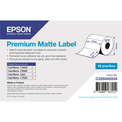 Epson C33S045534 Premium Matte, pentru ColorWorks, 76x51mm, 650buc., alb etichete autoadezive