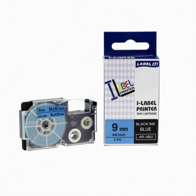 Banda compatibila Casio XR-9BU1, 9mm x 8m text negru / fundal albastru