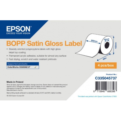 Epson C33S045737 BOPP Satin Gloss, pentru ColorWorks, 203mmx68m, alb etichete autoadezive