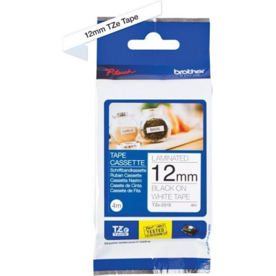 Brother TZE-231S, 12mm x 4m, text negru / fundal alb, laminat, banda original