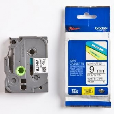 Brother TZ-221 / TZe-221, 9mm x 8m, text negru / fundal alb, banda original